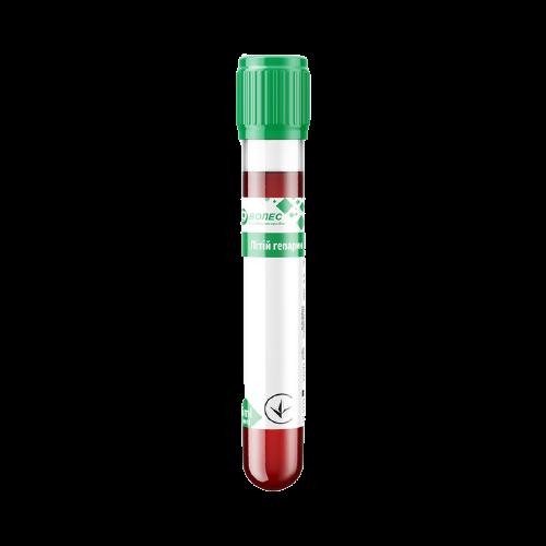 Пробірка Вакуумна для збору крові ВОЛЕС, 9мл, з літій гепарином, 16x100мм, стерильна, з зеленою кришкою, IVD